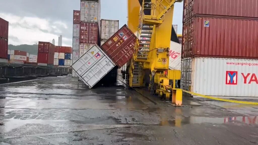 Typhoon strikes, containers collapse at a port in China's Taiwan region