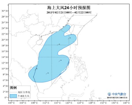 海上大风预报（13年2月21日06时）