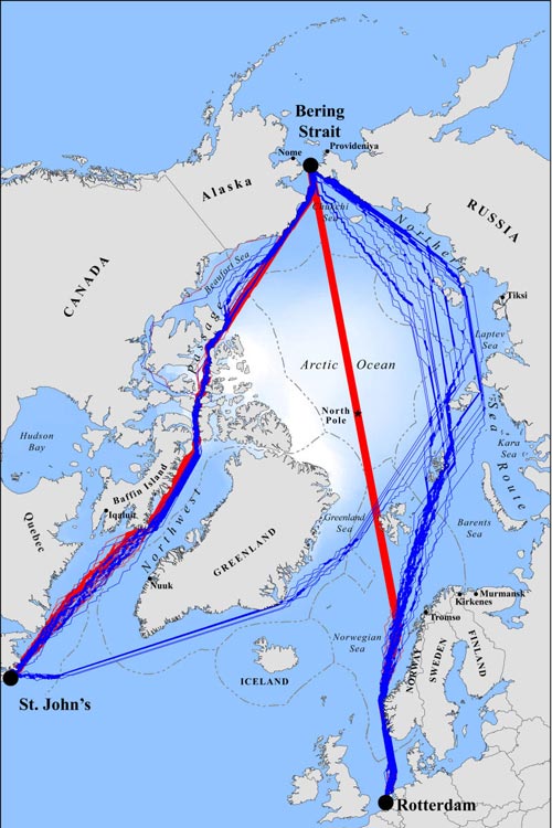 到本世纪中叶，穿越北冰洋的最快航海路线除了北海航线（图右）外还包括西北通道（图左），北极极点航道（图中）