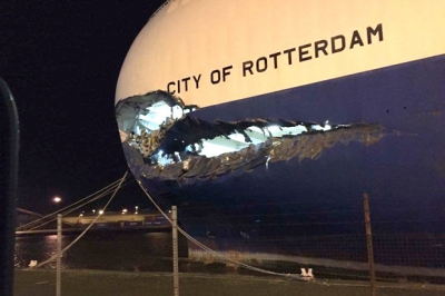 Car carrier holed in Storm Desmond collision