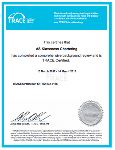 AS Klaveness Chartering is now TRACE certified