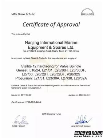 南京国际船配气阀系列产品获MAN公司认证