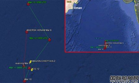 “MAERSK HONAM”号往西北偏北方向移动