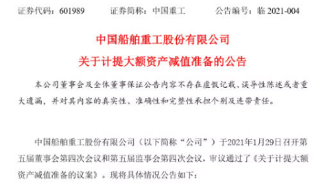 中国重工预计2020年全年亏损4.5亿至5.35亿