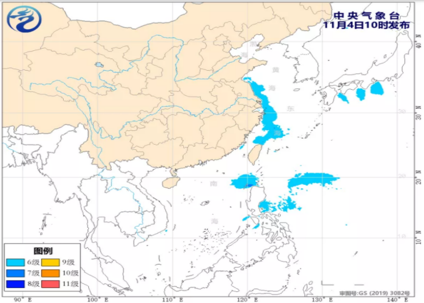 我国东部海域和渤海有6～8级大风