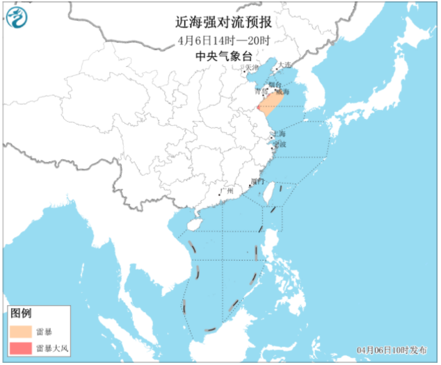 江苏和山东沿海将有8～10级雷暴大风
