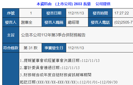 台湾三大船公司公布最新业绩，长荣第三季度净利环比大涨3.3倍