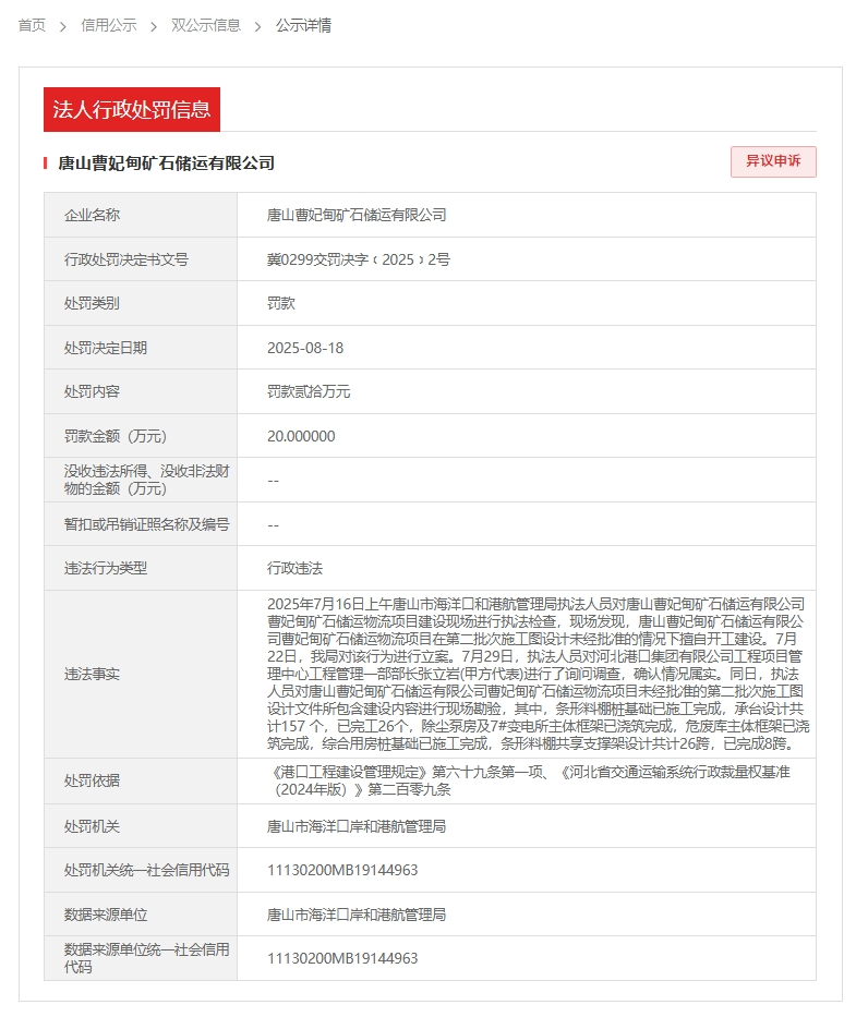 未批先建！河北港口集团旗下公司涉违规建设遭处罚